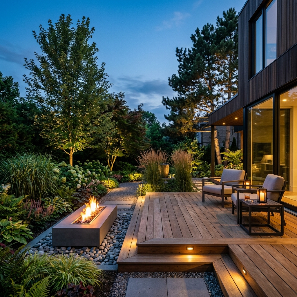 Avondtuin met sfeerverlichting